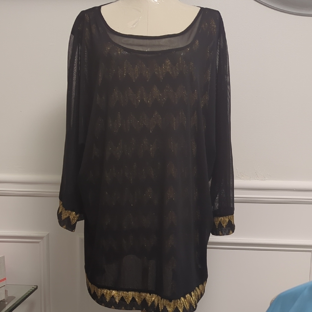 Black and Gold Sheer Tunic Top Size 2x